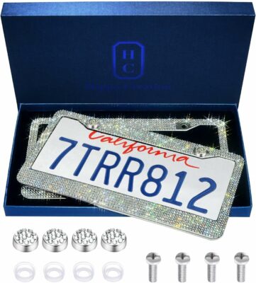 Hippo Creation 2 Pack White Rhinestone Premium Stainless Steel License Plate Frame