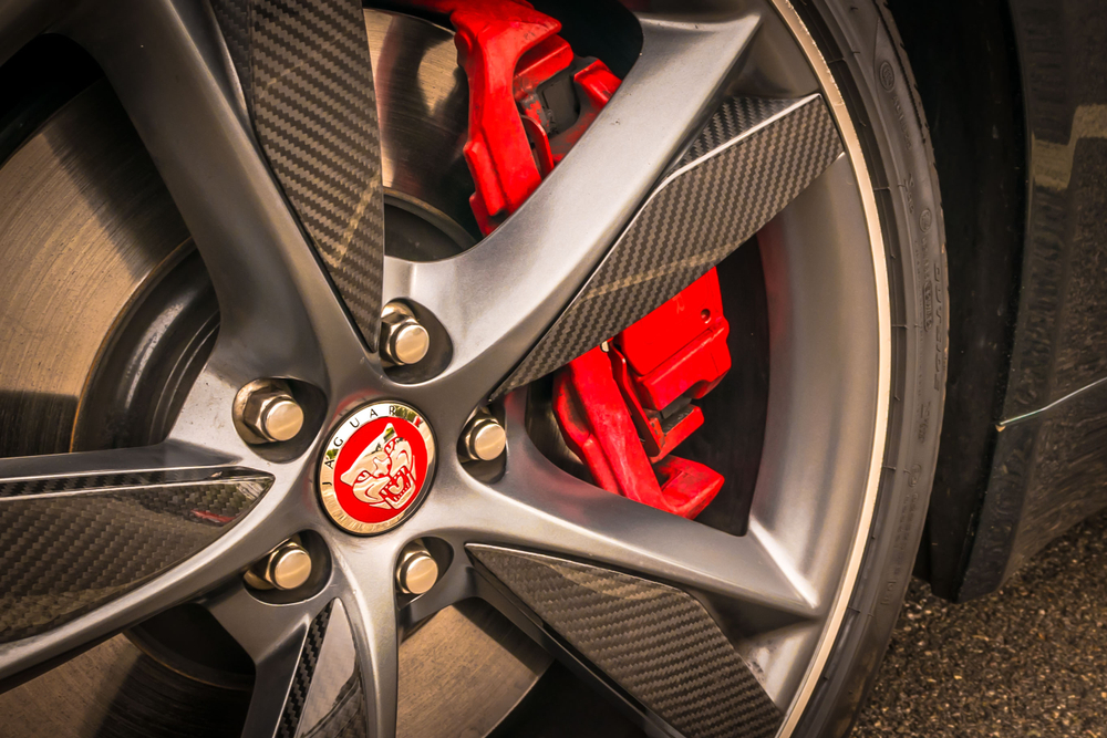 close-up of wheel and brake pads
